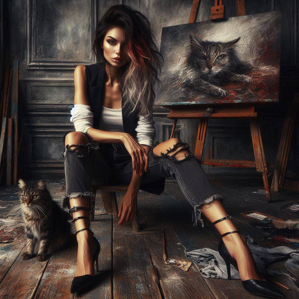 Woman Artist With Cat