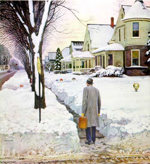 Man walking on snowy sidewalk in suburban winter scene with children hiding behind snow banks