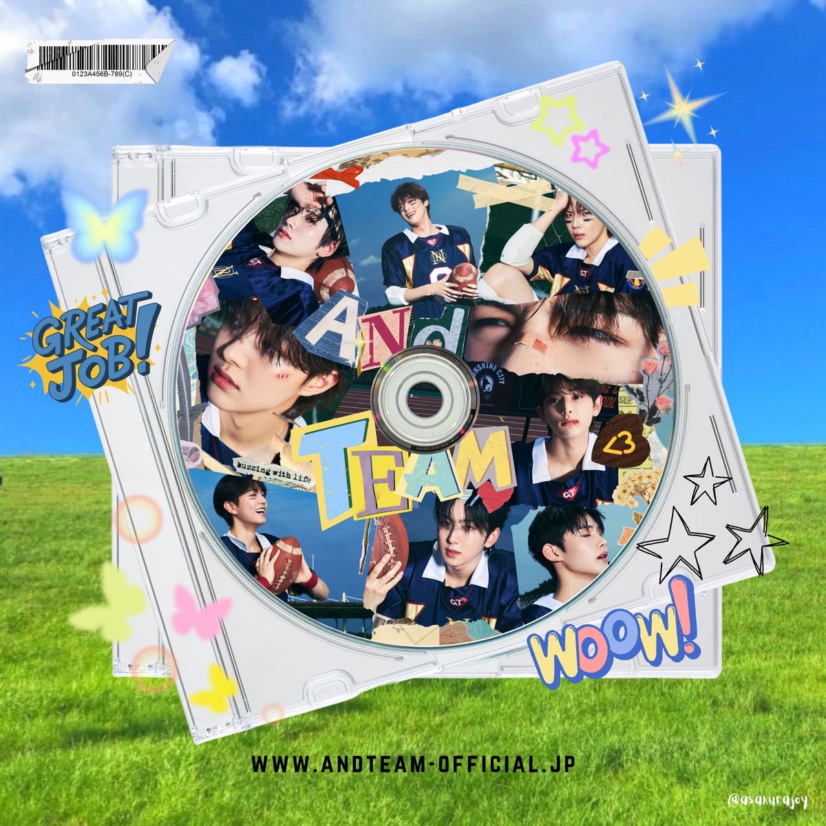 &TEAM boy group member collage in circular CD layout with blue sky and grass background