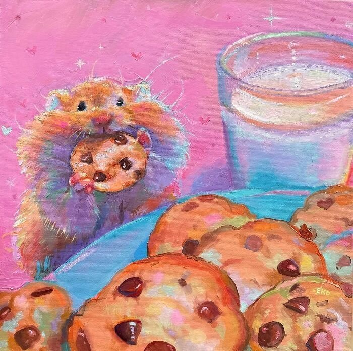 Two colorful hamsters next to cookies and milk on pink surface