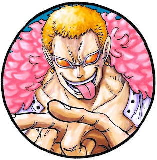 Anime character with blonde hair, sunglasses, and pink feathered coat in circular frame