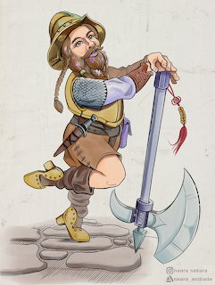 Bearded dwarf warrior in armor holding decorative axe on stone steps