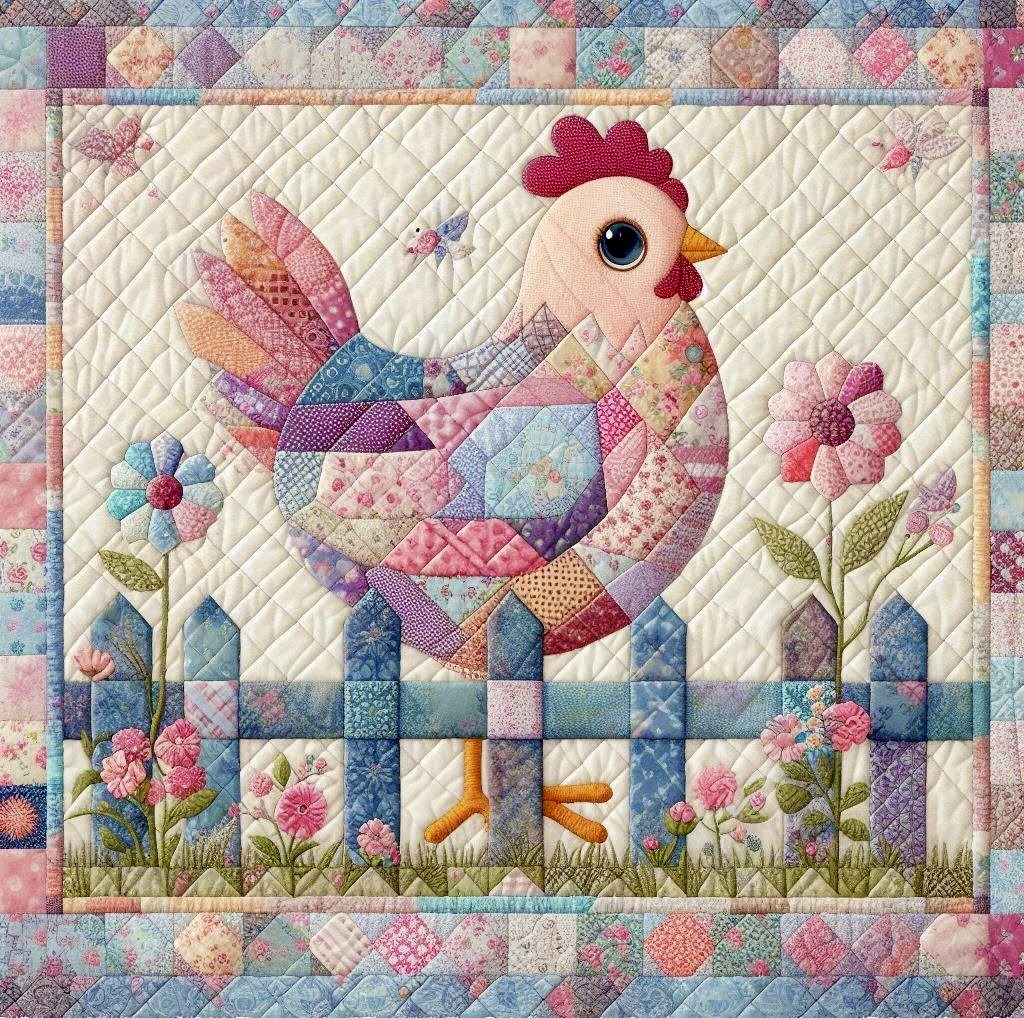 Quilted fabric artwork of a patchwork chicken with flowers and white fence on cream background