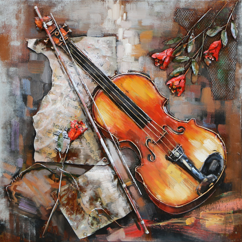 Abstract painting of orange violin with bow and red berries on textured brown and gray background