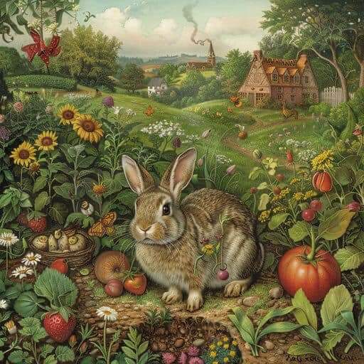 Rabbit sitting among vegetables and flowers in a detailed garden painting with cottage background