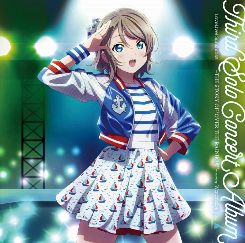 Anime girl posing on a stage in a blue jacket, striped top, and patterned skirt with bright lights behind her
