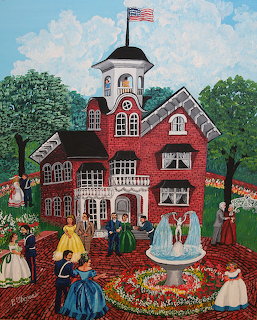 Folk art painting of red brick Victorian mansion with cupola, fountain, gardens, and period-dressed figures