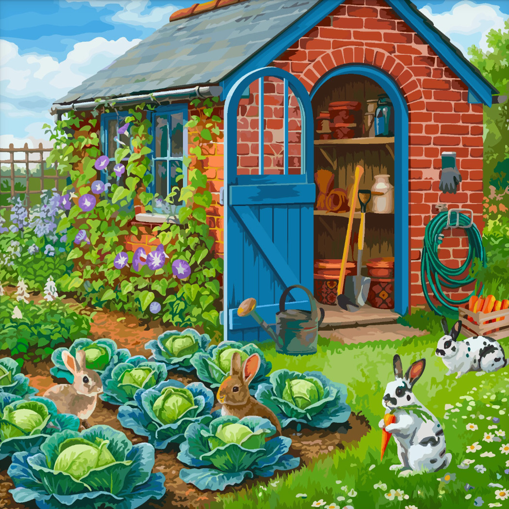Illustrated garden shed with blue door, cabbage patch, flowers, and two rabbits in foreground