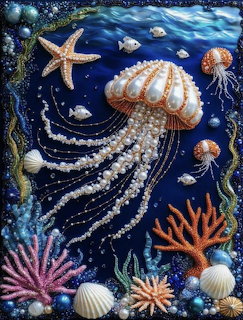 Beaded and pearl jellyfish art with starfish, coral, seashells on deep blue background