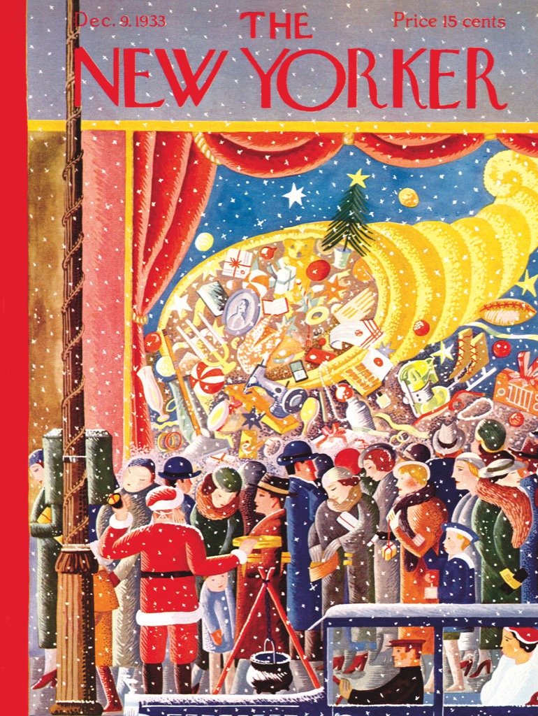 Vintage magazine cover showing people viewing an illuminated Christmas nativity display through a store window