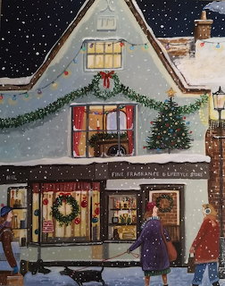 Snow-covered Christmas shop and house with wreaths, garlands, and people walking on a winter street