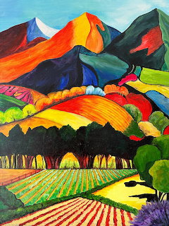 Colorful painting of mountains with bold abstract colors, trees, and striped farmland fields
