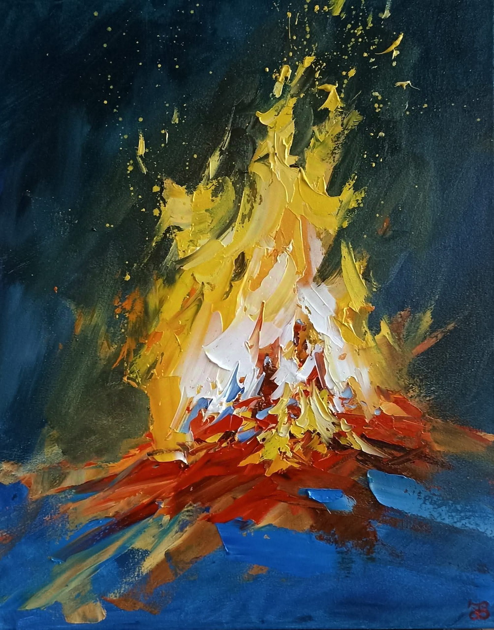 Abstract painting of a bright campfire with yellow and orange flames on a dark blue background