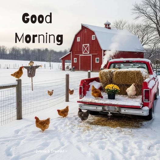Snowy farm with a red barn, red pickup truck, chickens, and Good Morning text