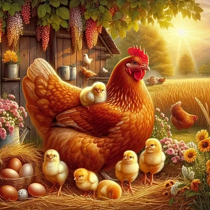 Mother hen with yellow chicks in sunny farm yard with cottage and flowers