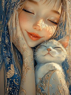 Illustrated girl with closed eyes smiling while cuddling a content white kitten, gold and blue ornate details