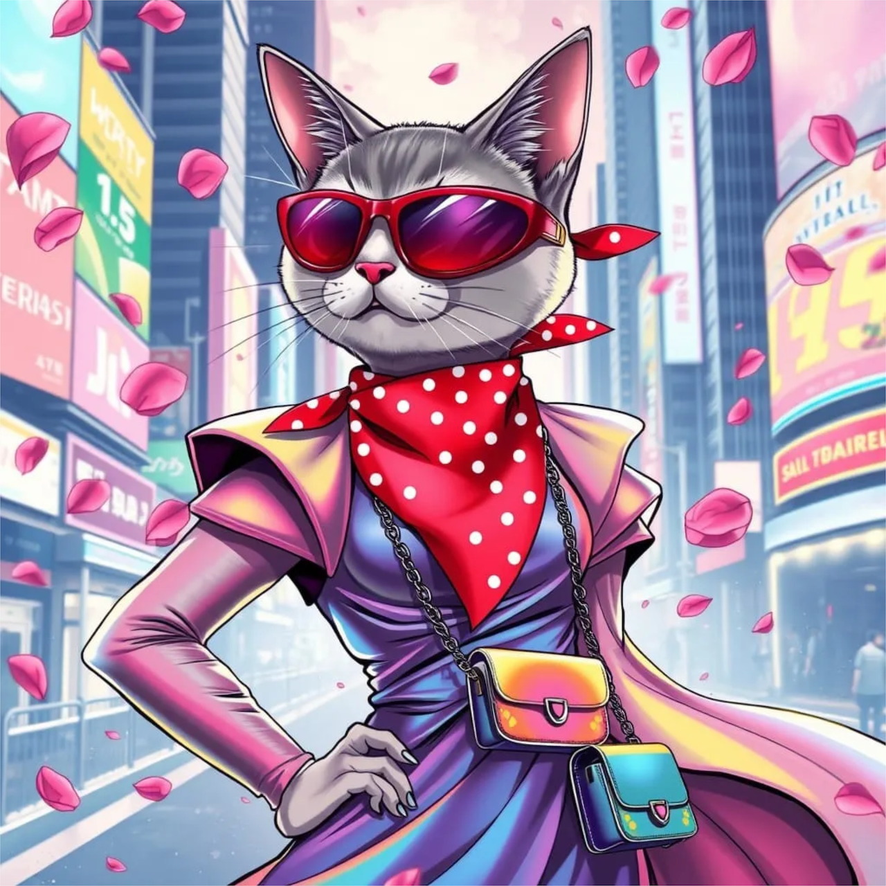 Cartoon cat with sunglasses and red bandana in colorful city setting with pink petals