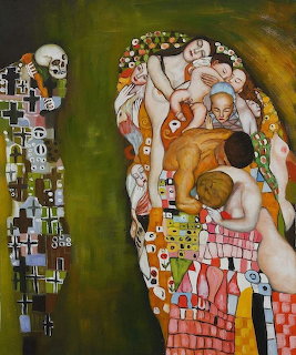 Klimt-style painting with embracing figures decorated in geometric patterns, circles, and skulls in gold and orange