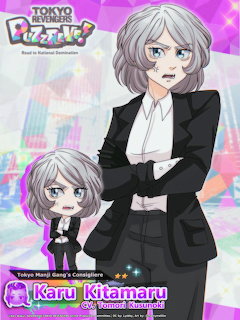 Anime character Karu Kitamaru from Tokyo Revengers wearing a black suit with gray hair, chibi and full versions
