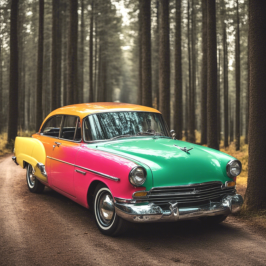 Colorful Classic Sedan Forest Road