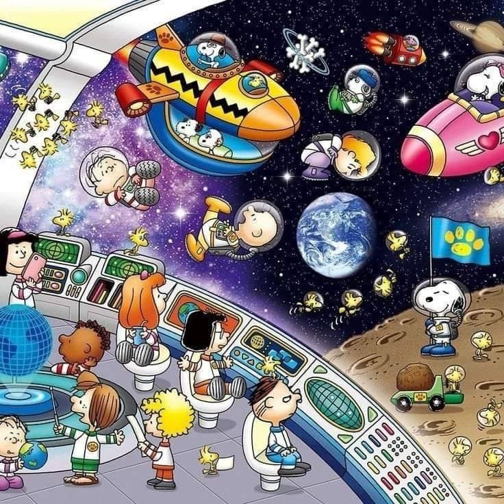 Snoopy and Peanuts characters in a cartoon space station with planets and spacecraft