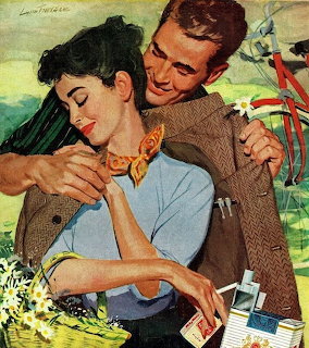 Vintage illustration of a man hugging a woman outdoors while she holds a butterfly near flowers