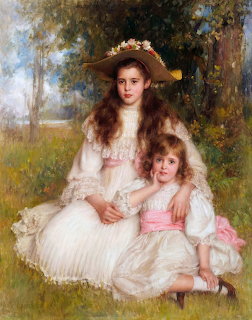 Painting of two young girls in white dresses posed outdoors in grass