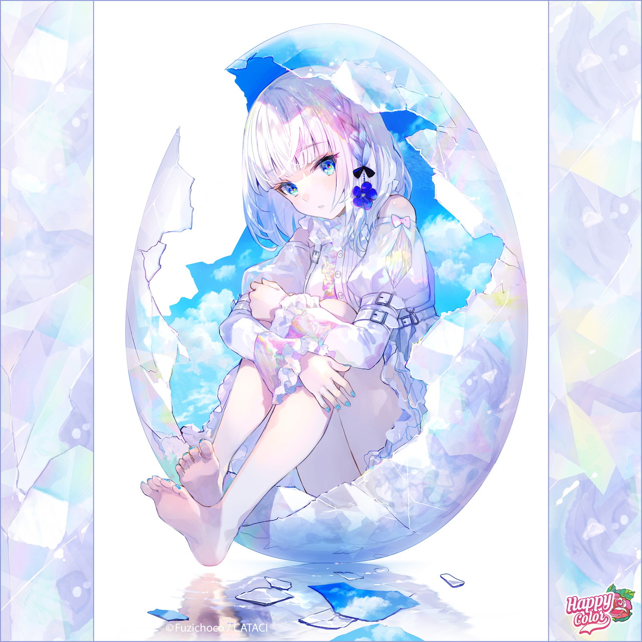 Pastel anime girl with pink hair sitting inside a cracked cracked egg shell