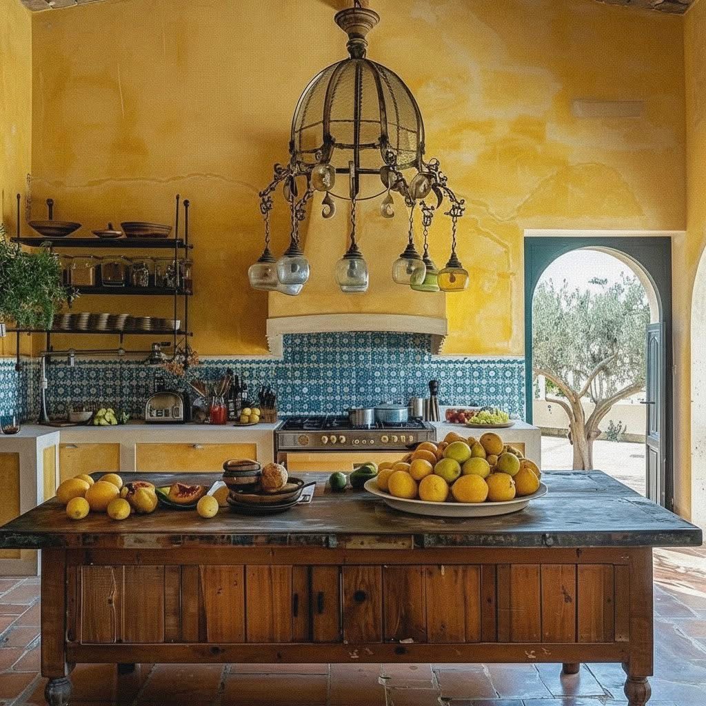 Rustic kitchen with yellow walls, wooden island displaying fresh lemons, and decorative chandelier