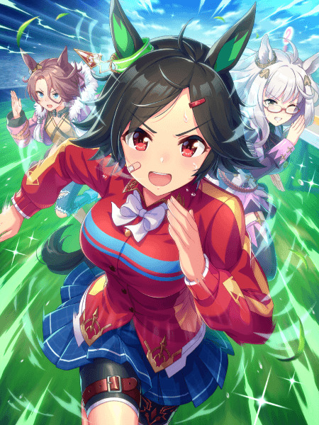 Anime horse girl in red uniform running energetically with two characters behind her in a dynamic scene