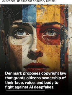 Artistic portrait of a woman's face split into colorful painted panels with text overlay about Denmark copyright law