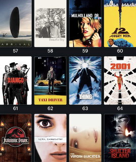 Grid collage of assorted movie posters including Arrival, Mulholland Dr., Taxi Driver, and Jurassic Park