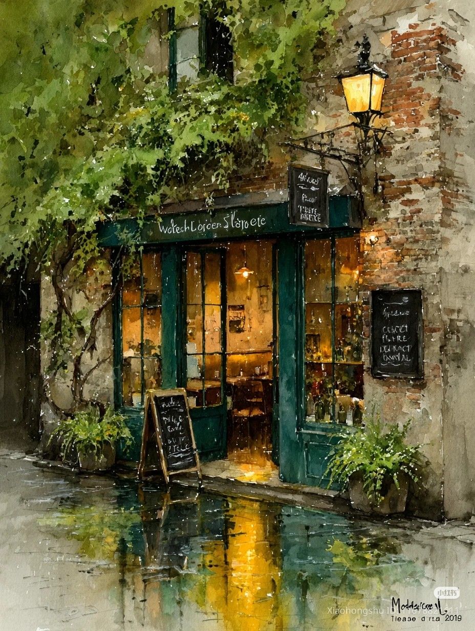 Painting of a quaint European shop with green storefront glowing warmly on a rainy coblestone street at night
