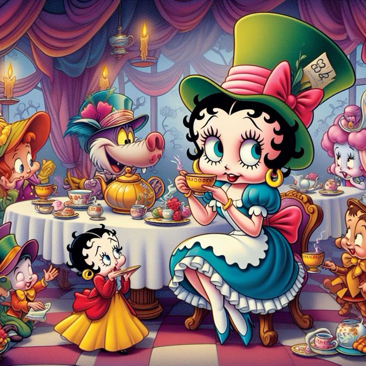 Betty Boop in green hat and blue dress at tea party table with cartoon characters