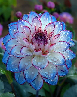 White dahlia with blue-edged petals and water droplets in sharp focus against blurred foliage