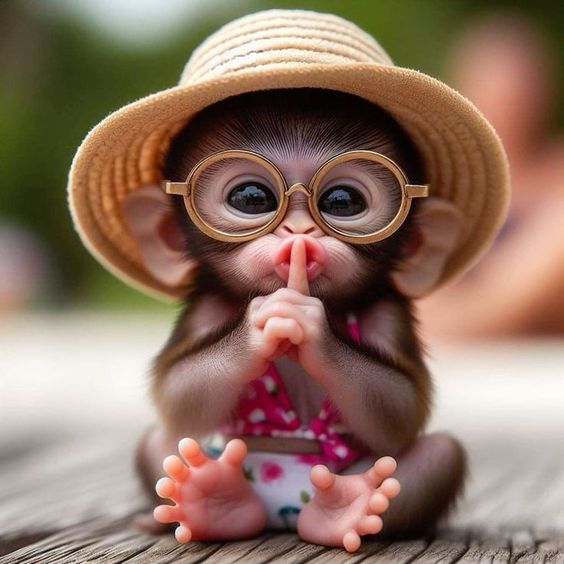 Baby monkey in straw hat and glasses drinking from a cup with a straw