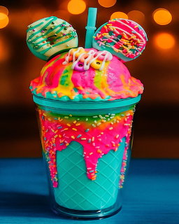 Colorful ice cream sundae with rainbow sprinkles and cookie decorations in turquoise waffle cone cup