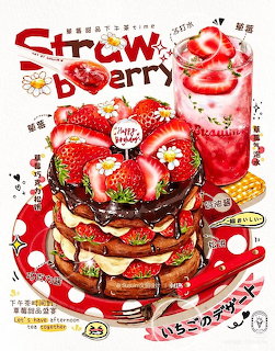 Anime illustration of strawberry layer cake with cream and fresh strawberries