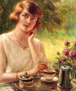 Vintage portrait painting of woman with red hair having tea outdoors with flowers