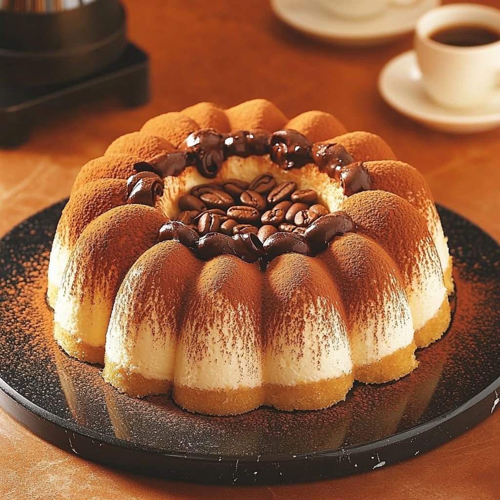 Round tiramisu bundt cake dusted with cocoa powder and decorated with chocolate coffee beans on black plate