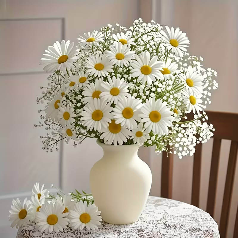 Large bouquet of white daisies with yellow centers in cream vase on lace tablecloth