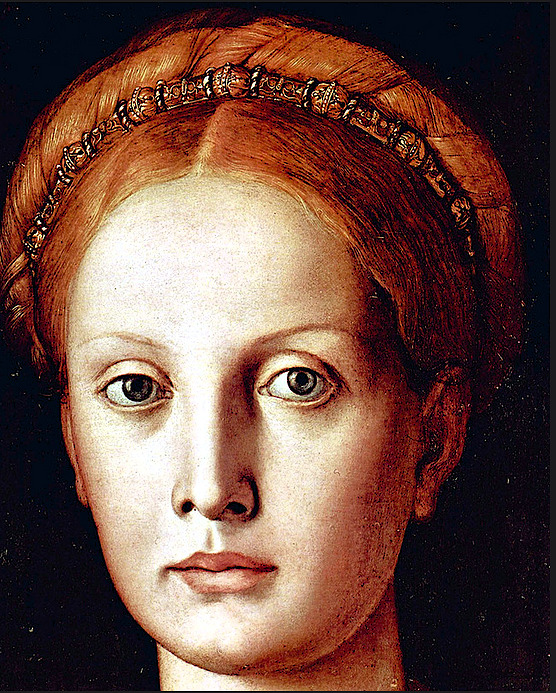 Renaissance portrait of woman with red hair and pearl headband by Angelo Bronzino, 1545