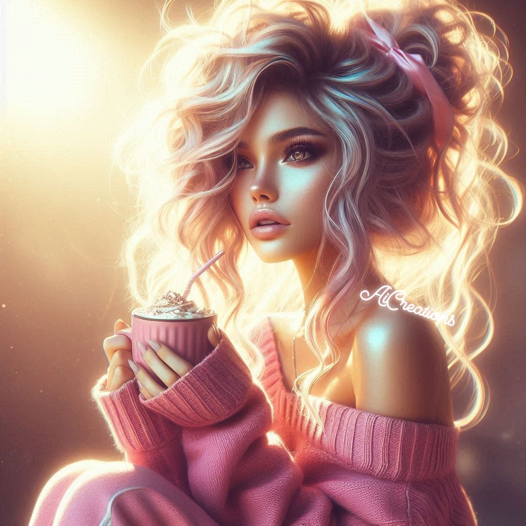 Glowing portrait of a young woman with curly hair in a pink sweater holding a cup