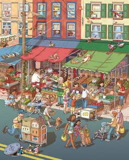 Illustrated busy city street market with vendors and shoppers under colorful awnings