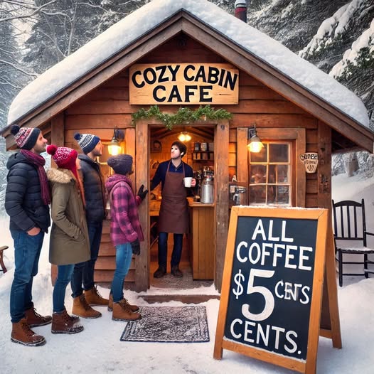 People queuing outside a snow-covered wooden cabin cafe with warm lighting and coffee sign in winter forest setting