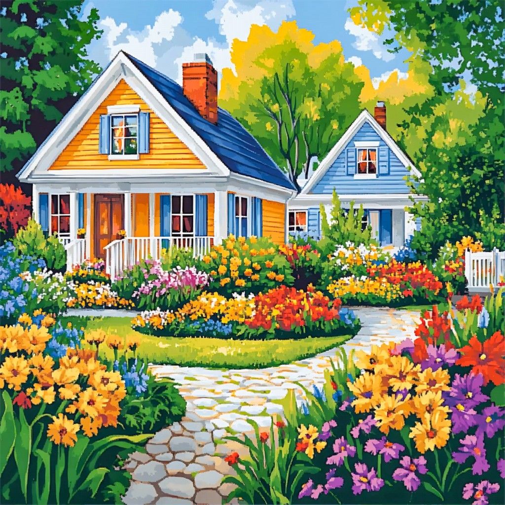 Colorful illustration of yellow and blue cottages with bloming flower gardens and a stone pathway