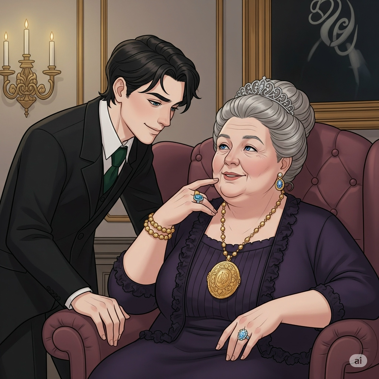 Illustration of young man whispering to smiling elderly woman on burgundy sofa in elegant room
