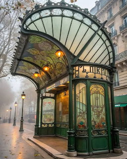 Ornate Art Nouveau metro entrance with curved glass canopy and decorative green metalwork on a Parisian street