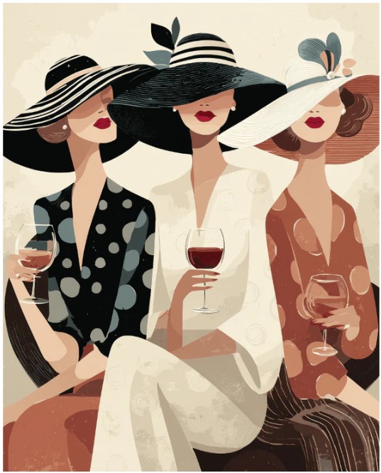 Illustration of three stylish women in large hats holding wine glasses