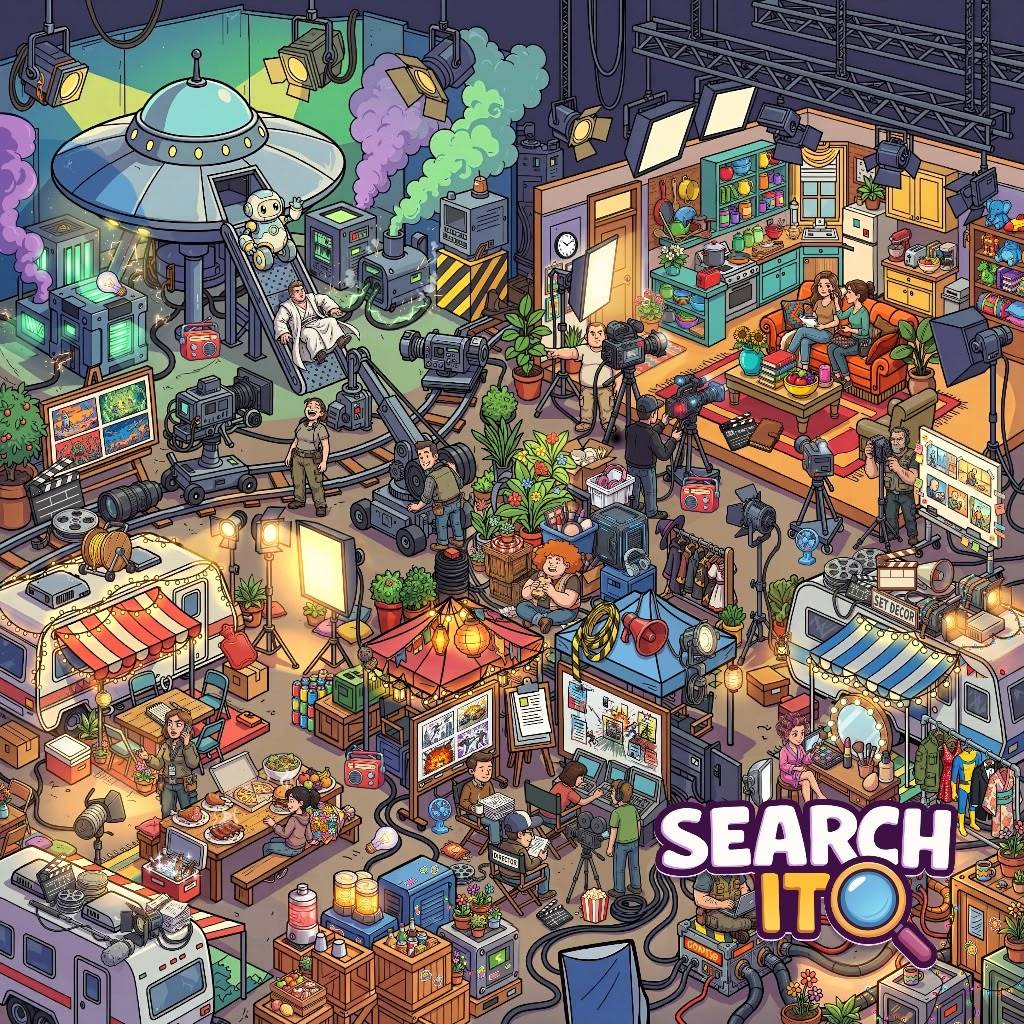 Colorful isometric illustration of a film studio with various movie sets, crew members, and props